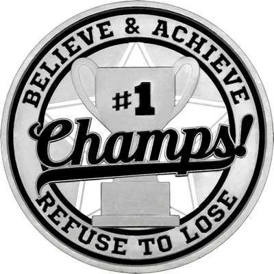 Black "Champs!" with Black Outer Circular Borders